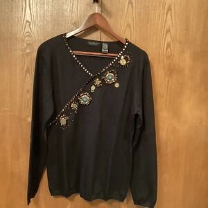 NIKKY COLLECTION Black Embellished Sweater V-Neck Long Sleeve Women's 40"Bust